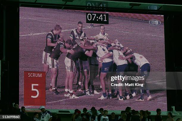The scrum shot clock is shown on the stadium screen during the round one NRL match between the Manly Warringah Sea Eagles and the Canterbury Bulldogs...