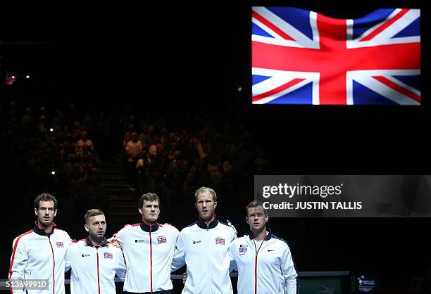 Great Britain's Andy Murray, Great Britain's Daniel Evans, Great Britain's Jamie Murray, Great Britain's Dominic Inglot and the team coach Leon Smith...