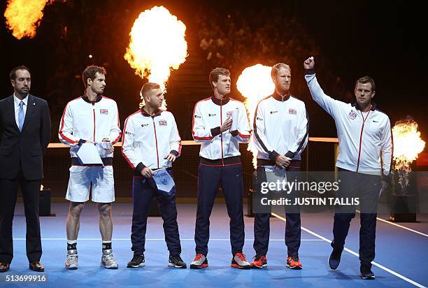 Great Britain's Andy Murray, Great Britain's Daniel Evans, Great Britain's Jamie Murray, Great Britain's Dominic Inglot and the team coach Leon Smith...