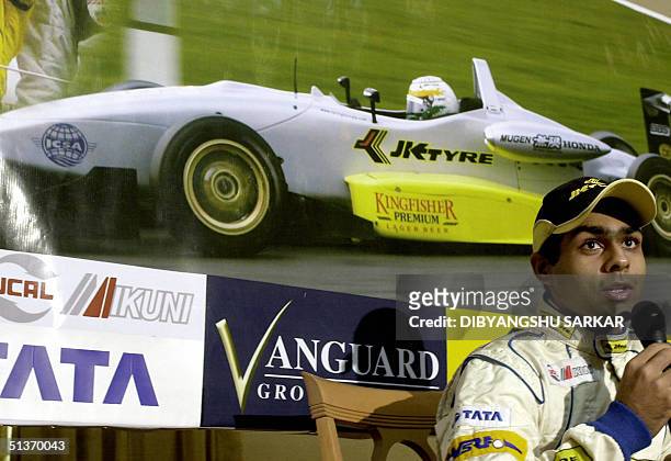 Indian Formula 3 driver Karun Chandhok addresses a press conference in Madras 29 September 2004. Chandhok said he was proposed the opportunity to...