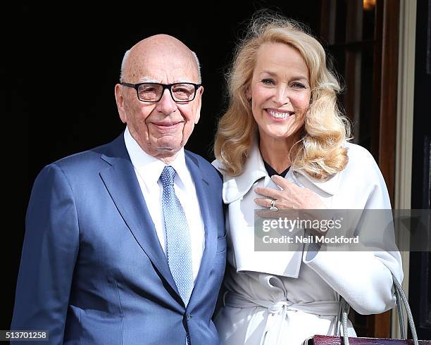 Rupert Murdoch and Jerry Hall seen leaving Spencer House after getting married on March 4, 2016 in London, England.
