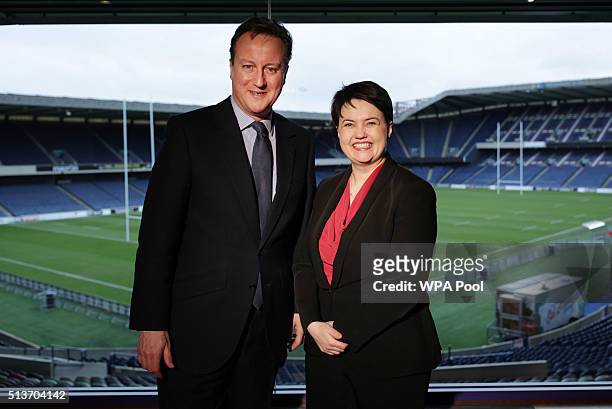 British Prime Minister David Cameron poses with Scottish Conservative leader Ruth Davidson at the Scottish Conservative conference at Murrayfield...