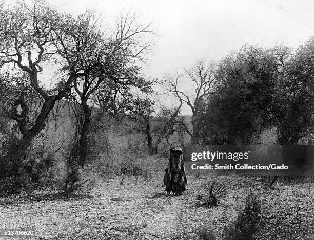 Photograph of a desert landscape, a woman and child walking down the road, titled "Apache women passing oak road", by Edward S Curtis, 1900. From the...