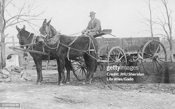 Full length sitting portrait of African American male riding wagon driven by two horses, wearing dark suit and hat, sitting outside on dirt...