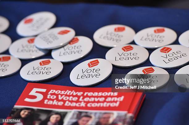 Vote leave EU badges on display at the Scottish Conservative Party spring conference on March 4, 2016 in Edinburgh, Scotland. Prime Minister David...