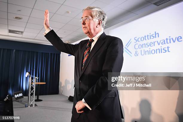Michael Fallon Secretary of State for Defence addresses delegates at the Scottish Conservative Party spring conference on March 4, 2016 in Edinburgh,...