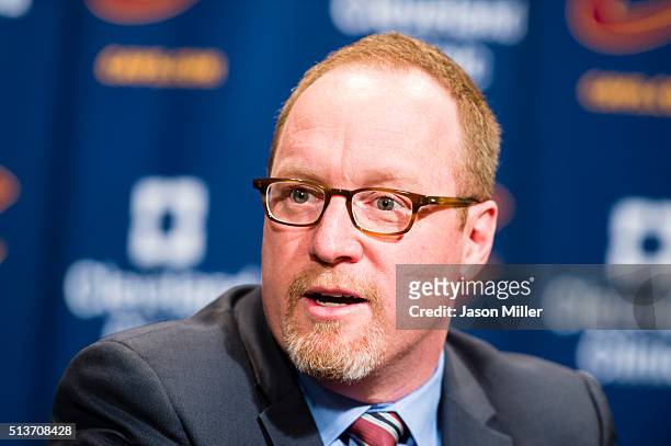 General Manager David Griffin of the Cleveland Cavaliers talks during a press conference prior to the game against the Chicago Bulls at Quicken Loans...
