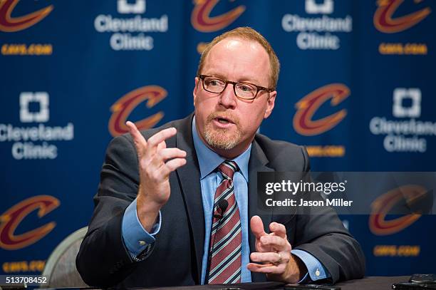 General Manager David Griffin of the Cleveland Cavaliers talks during a press conference prior to the game against the Chicago Bulls at Quicken Loans...