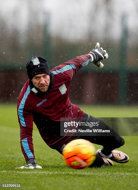 Mark Bunn of Aston Villa in action during a Aston Villa training session at the club's training ground at Bodymoor Heath on March 02, 2016 in...