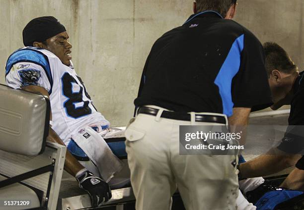 Wide receiver Steve Smith of the Carolina Panthers is taken off the field during the game against the Green Bay Packers at Bank of America Stadium on...