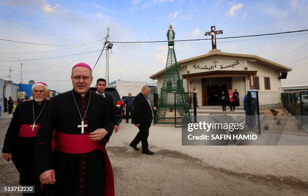 Apostolic Nuncio to Iraq and Jordan, Spanish born Archbishop Alberto Ortega Martin arrives to visit the Ashti camp housing displaced Iraqis who fled...