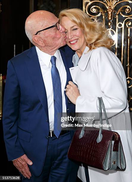 Rupert Murdoch kisses his new wife Jerry Hall as they leave Scott's restaurant following their marriage at Spencer House on March 4, 2016 in London,...