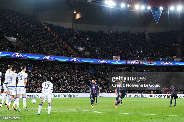 Zlatan IBRAHIMOVIC of PSG scores the first goal during the UEFA Champions League round of 16 first leg match between Paris Saint-Germain and Chelsea...