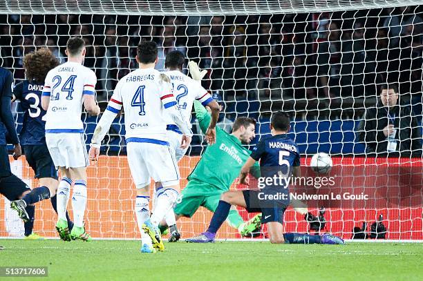 John OBI MIKEL of Chelsea scores the first goal during the UEFA Champions League round of 16 first leg match between Paris Saint-Germain and Chelsea...