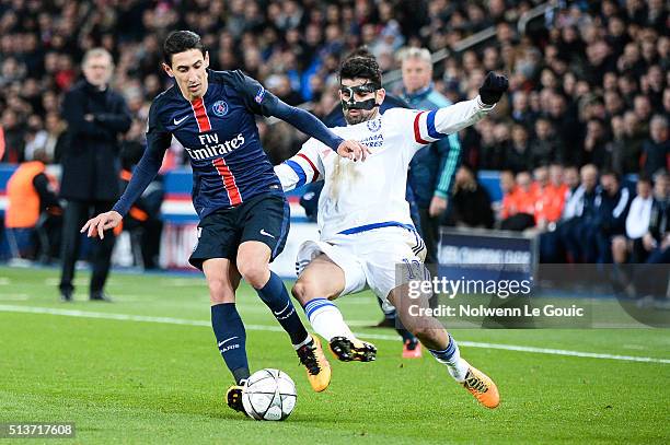 Angel DI MARIA of PSG and Diego COSTA of Chelsea during the UEFA Champions League round of 16 first leg match between Paris Saint-Germain and Chelsea...