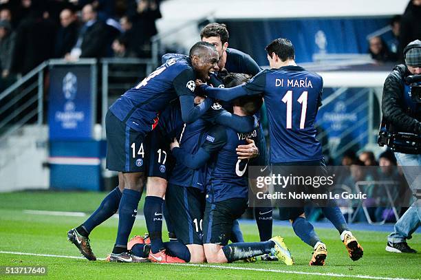 Team PSG celebrate their goal during the UEFA Champions League round of 16 first leg match between Paris Saint-Germain and Chelsea at Parc des...