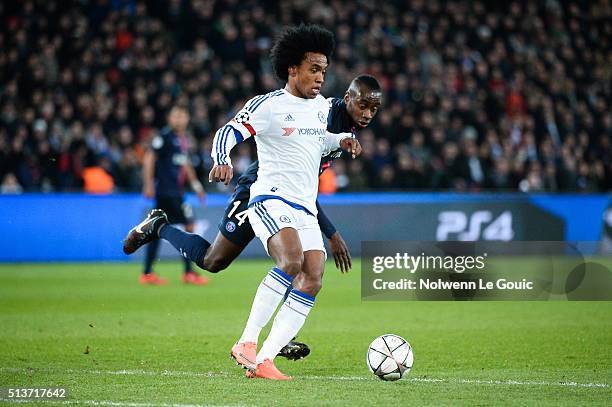 Of Chelsea and Blaise MATUIDI of PSG during the UEFA Champions League round of 16 first leg match between Paris Saint-Germain and Chelsea at Parc des...