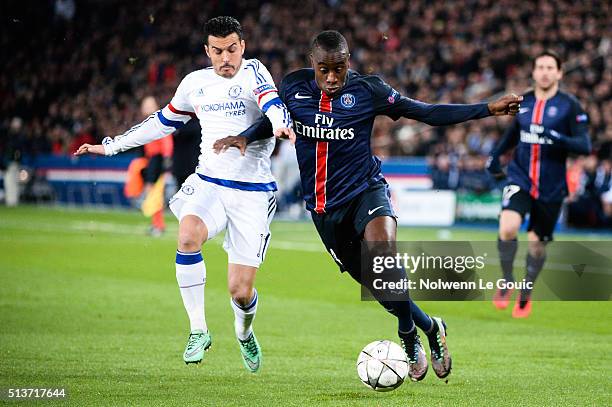 Pedro of Chelsea and Blaise Matuidi of PSG during the UEFA Champions League round of 16 first leg match between Paris Saint-Germain and Chelsea at...