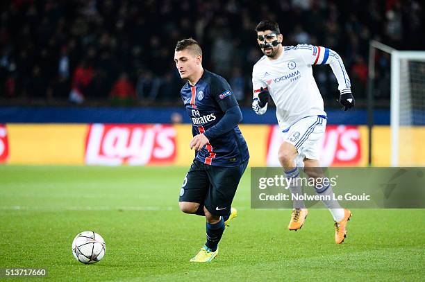 Marco Verratti of PSG during the UEFA Champions League round of 16 first leg match between Paris Saint-Germain and Chelsea at Parc des Princes on...