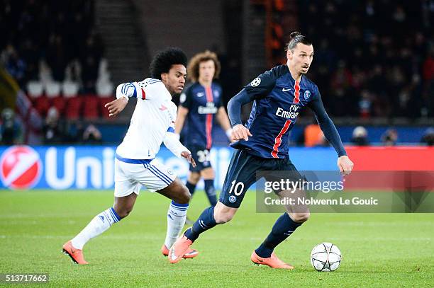Zlatan Ibrahimovic of PSG during the UEFA Champions League round of 16 first leg match between Paris Saint-Germain and Chelsea at Parc des Princes on...