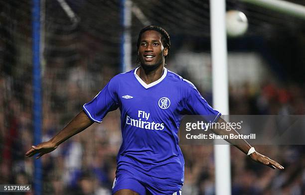 Didier Drogba of Chelsea celebrates scoring their second goal during the UEFA Champions League Group H match between Chelsea and FC Porto at Stamford...