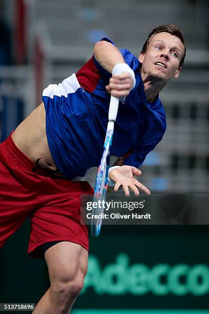 Tomas Berdych of Czech Republic plays a in action in his match against Alexander Zverev of Germany during Day 1 of the Davis Cup World Group first...