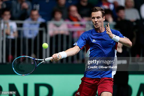 Tomas Berdych of Czech Republic plays his forhand in his match against Alexander Zverev of Germany during Day 1 of the Davis Cup World Group first...