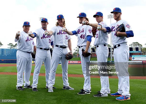 Pitchers Bartolo Colon, Matt Harvey, Noah Syndergaard, Jacob deGrom, Steven Matz and Zack Wheeler pose for photos during media day at Traditions...