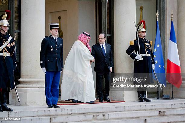 French President Francois Hollande meets Saudi Crown Prince Mohammed Bin Nayef as he arrives at Elysee Palace on March 4, 2016 in Paris, France.