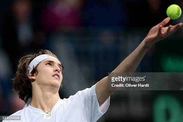 Alexander Zverev of Germany in action in his match against Tomas Berdych of Czech Republic during Day 1 of the Davis Cup World Group first round...