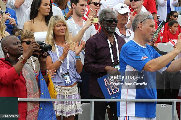 Isabelle Camus, wife of Yannick Noah and his father, Zacharie Noah attend day 1 of the Davis Cup World Group first round tie between France and...