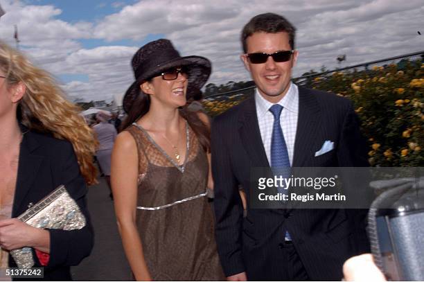 Mary Donaldson and Crown Prince Frederik of Denmark at the Melbourne Cup 2002, the race that stops the nation, Flemington Racecourse, Victoria,...