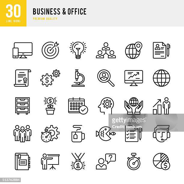 ilustrações, clipart, desenhos animados e ícones de negócios &  escritório-fina linha conjunto de ícones - microscópio