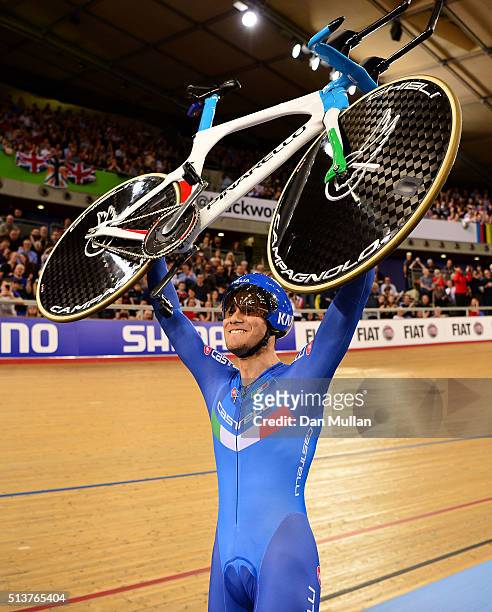 Filippo Ganna of Italy celebrates after winning The Men's Individual Persuit Final during Day Three of the UCI Track Cycling World Championships at...