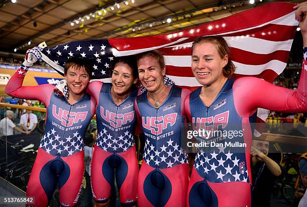 Kelly Catlin , Chloe Dygert , Sarah Hammer and Jennifer Valente of USA celebrate after winning the Women's Team Pursuit Final during Day Three of the...