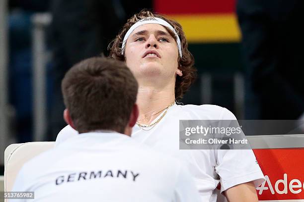 Alexander Zverev of Germany appears frustrated in his match against Tomas Berdych of Czech Republic during Day 1 of the Davis Cup World Group first...