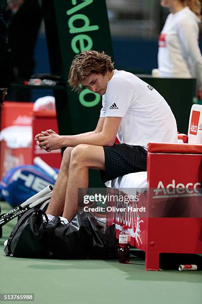 Alexander Zverev of Germany appears frustrated in his match against Tomas Berdych of Czech Republic during Day 1 of the Davis Cup World Group first...