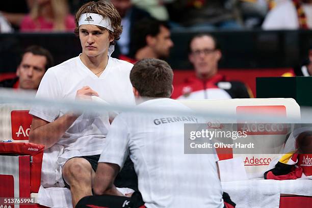 Alexander Zverev of Germany appears frustrated in his match against Tomas Berdych of Czech Republic during Day 1 of the Davis Cup World Group first...