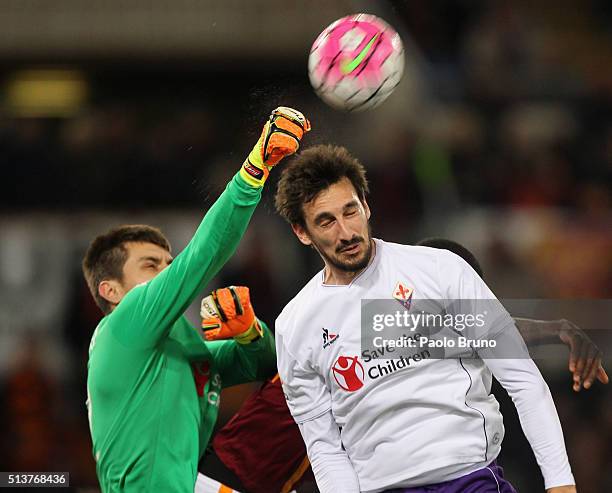 Fiorentina goalkeeper Ciprian Tatarusanu and his teammate Davide Astori in action during the Serie A match between AS Roma and ACF Fiorentina at...