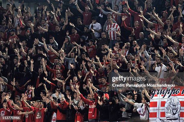 Fans of Olympiacos react during the 2015-2016 Turkish Airlines Euroleague Basketball Top 16 Round 9 game between Olympiacos Piraeus v Laboral Kutxa...