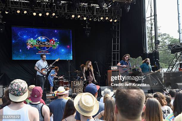 Mike MacDonald, Alejandro Rios, Ryan Houchens, JP Mckenzie, Tuna Fortuna and Melanie Annabelle of Family and Friends perform on stage at the...