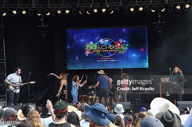 Mike MacDonald, Alejandro Rios, Ryan Houchens, JP Mckenzie, Tuna Fortuna and Melanie Annabelle of Family and Friends perform on stage at the...