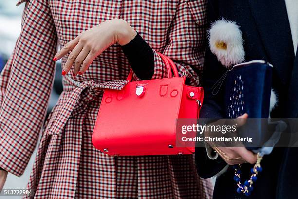 Leaf Greener is wearing a Dior bag and plaid Dior jacket outside Dior during the Paris Fashion Week Womenswear Fall/Winter 2016/2017 on March 4, 2016...