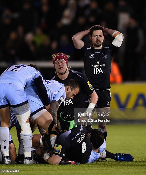 Falcons players Moritz Botha and Micky Young react on the final whistle after the 15-14 defeat by Worcester during the Aviva Premiership match...
