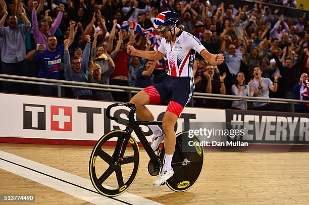 Jonathan Dibben of Great Britain celebrates after winning the final of the Mens Points Race during Day Three of the UCI Track Cycling World...