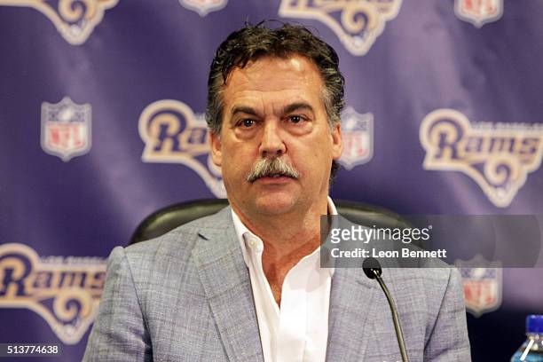 Coach Jeff Fisher of the Los Angeles Rams attends the Los Angeles Rams Media Availability on March 4, 2016 in Manhattan Beach, California.