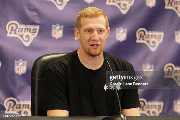 Johnny Hekker of the Los Angeles Rams attends the Los Angeles Rams Media Availability on March 4, 2016 in Manhattan Beach, California.