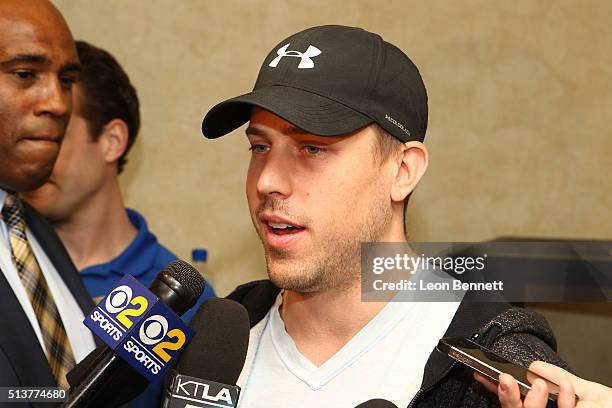 Case Keenum of the Los Angeles Rams attends the Los Angeles Rams Media Availability on March 4, 2016 in Manhattan Beach, California.