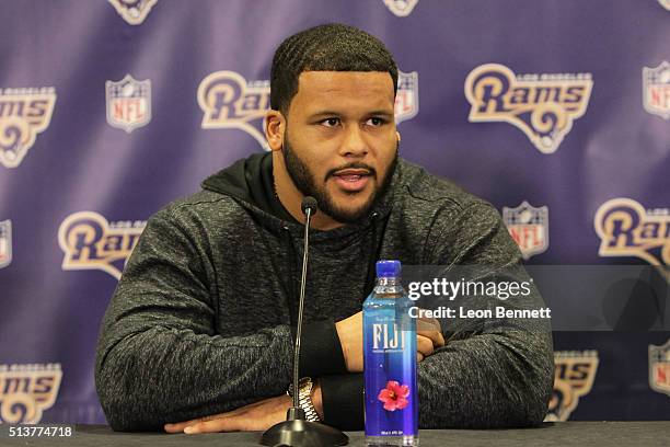 Aaron Donald of the Los Angeles Rams attends the Los Angeles Rams Media Availability on March 4, 2016 in Manhattan Beach, California.