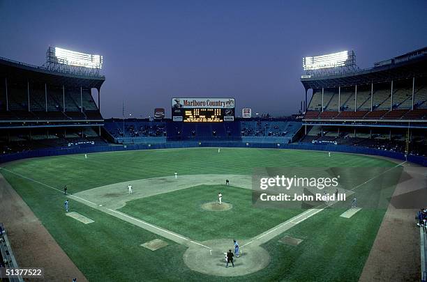 General view of Cleveland Municipal Stadium with the Cleveland Indians on the playing field in the Cleveland, Ohio.